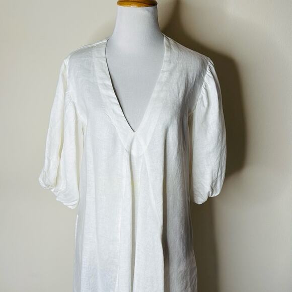 LJC Designs White Linen Charlotte Balloon Sleeve Midi Dress - Picture 3 of 10